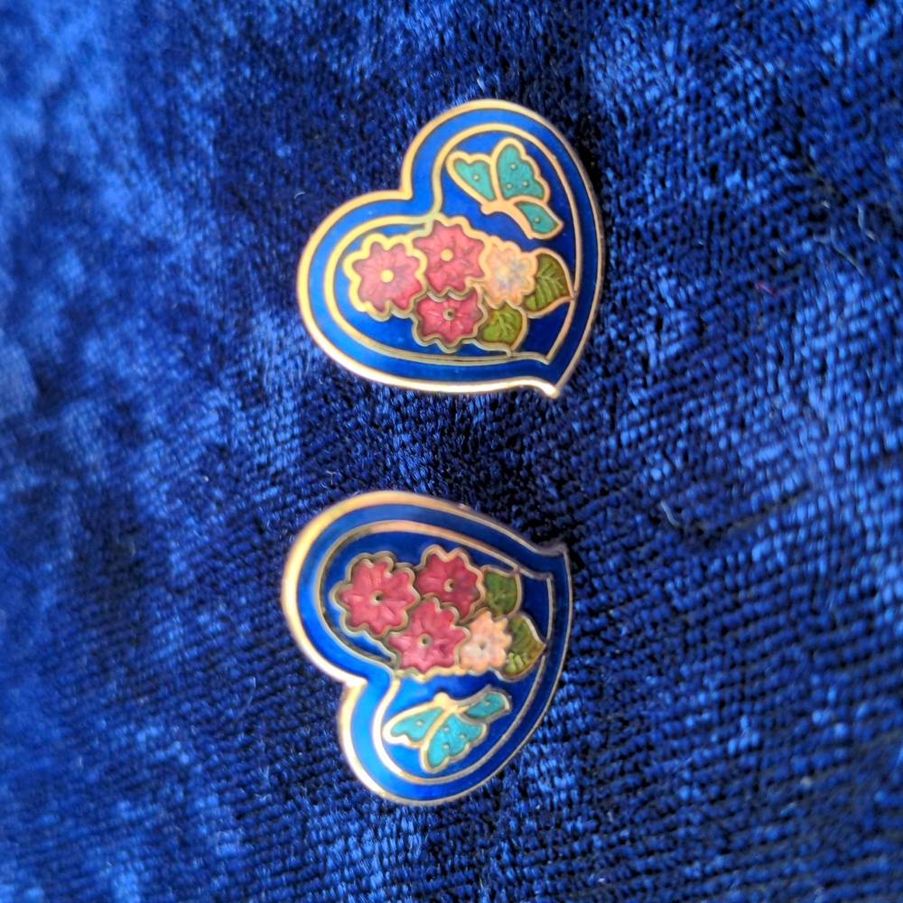 Vintage gold tone cloisonne stud earrings with flowers and butterflies